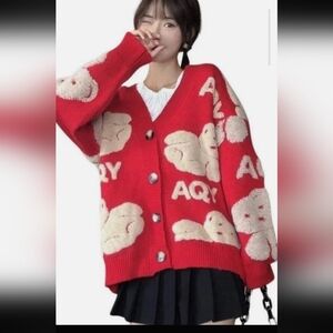 Red Teddy Graphic Button-Front Cardigan Sweater